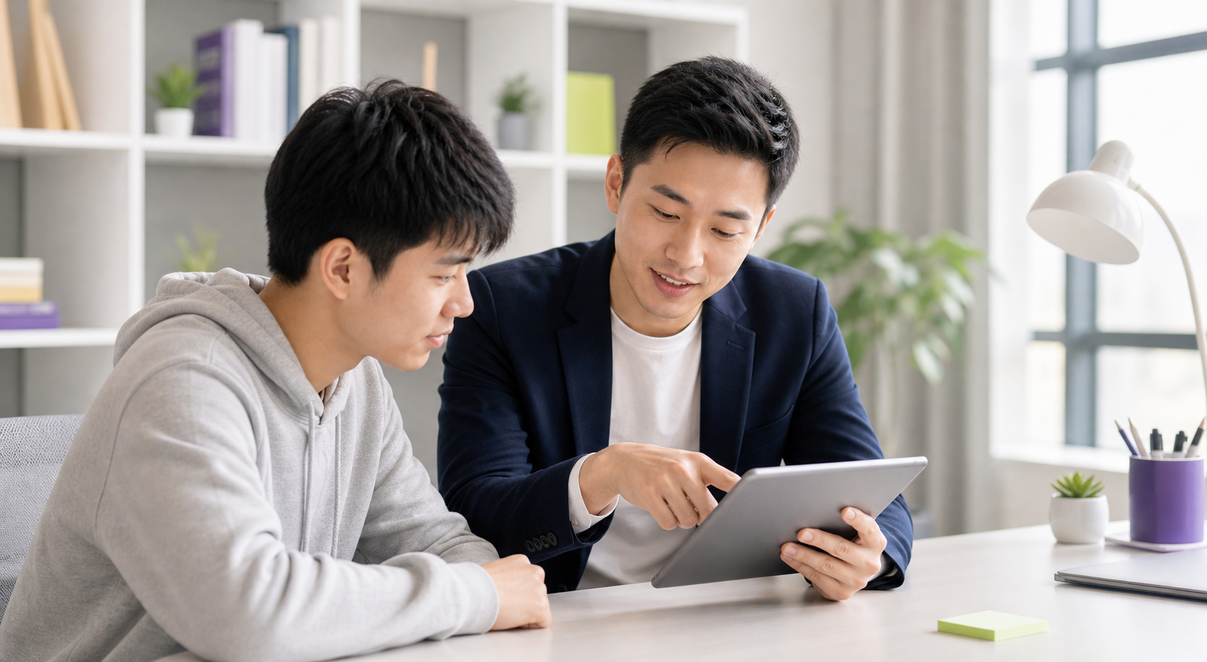 萤课小渡年轻导师与学生用平板梳理求职材料